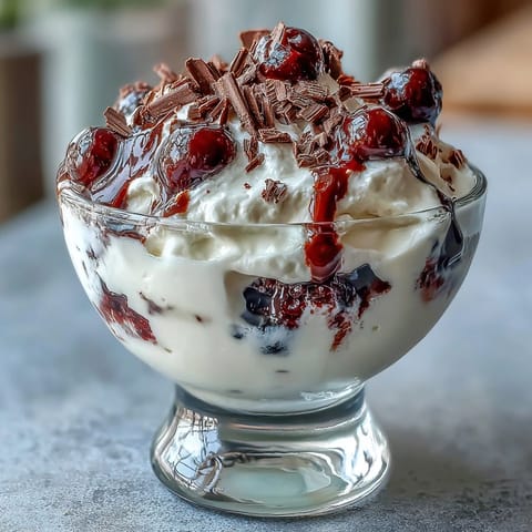 Fluffy yogurt berry sundaes with dark chocolate shavings in elegant glasses, topped with fresh mint for a refreshing dessert.