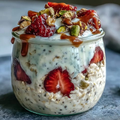 Strawberry and pistachio overnight oats with honey in a glass jar, topped with fresh sliced strawberries and crunchy chopped pistachios.