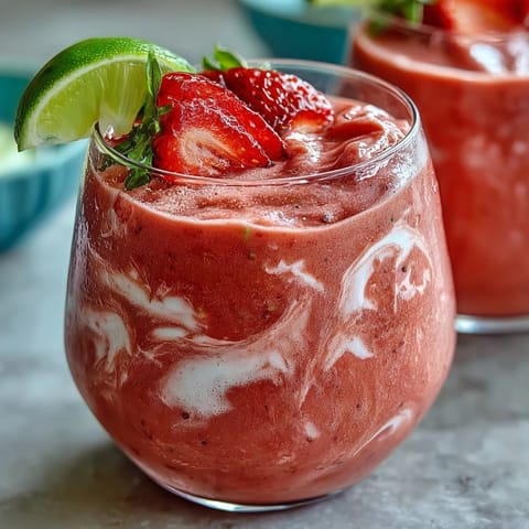 Vibrant strawberry coconut daiquiri smoothie with fresh strawberry slices and shredded coconut garnish.  