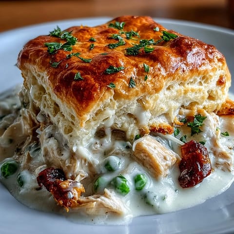 Creamy Chicken Pot Pie with Biscuit Topping served in a rustic baking dish, golden biscuits atop a bubbling, savory filling.  