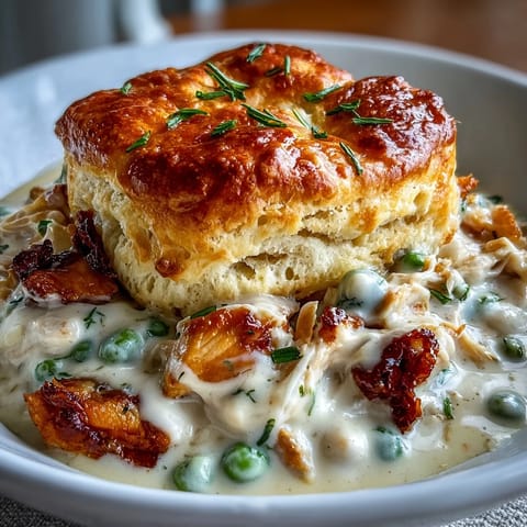 Homemade Creamy Chicken Pot Pie with Biscuit Topping, featuring tender chicken and vegetables in a rich, creamy sauce under flaky biscuits.  