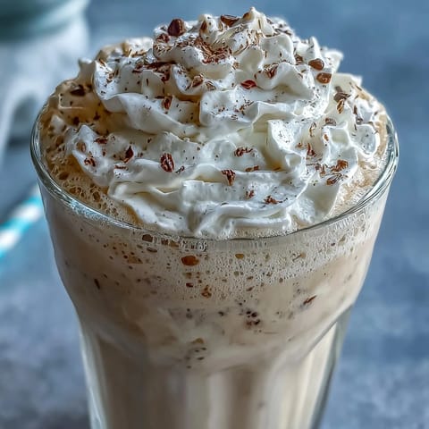 A frosty, creamy vanilla bean protein shake with whipped cream, perfect for a post-workout treat or healthy breakfast.