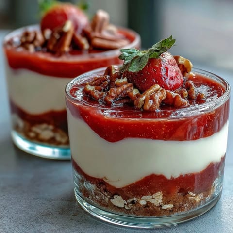 Strawberry cheesecake overnight oats topped with fresh berries and crunchy graham cracker crumble in a mason jar.  