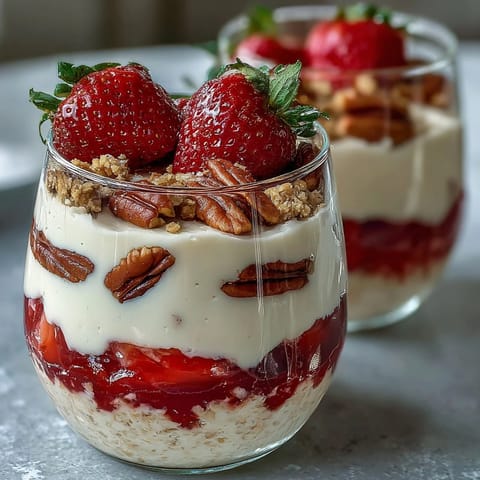A creamy breakfast bowl of strawberry cheesecake overnight oats with a swirl of Greek yogurt and graham cracker pieces.  