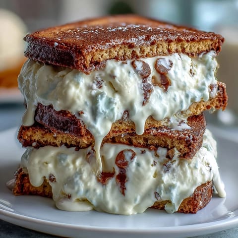 Coffee-infused cookies sandwich rich vanilla bean ice cream, creating a decadent dessert with bold espresso notes.  
