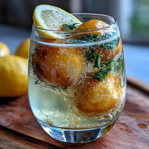 Refreshing limoncello sorbet float with sparkling lemon water, lemon slices, and fresh mint, perfect for summer entertaining.