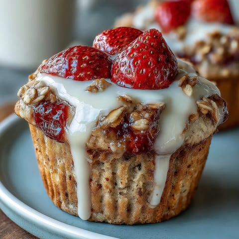 Fresh strawberry muffins with Greek yogurt and oats, topped with a sprinkle of oats for extra texture.
