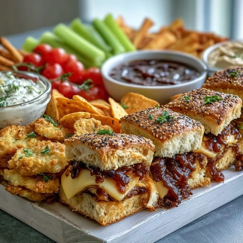 Vibrant BBQ Baby Shower Party Snack Board with sliders, chips, and fresh veggies on a large platter.