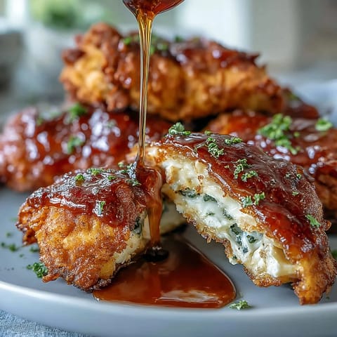 Crispy baked chicken pieces drizzled with spicy-sweet hot honey, golden and juicy, served on a rustic platter with Southern flair.