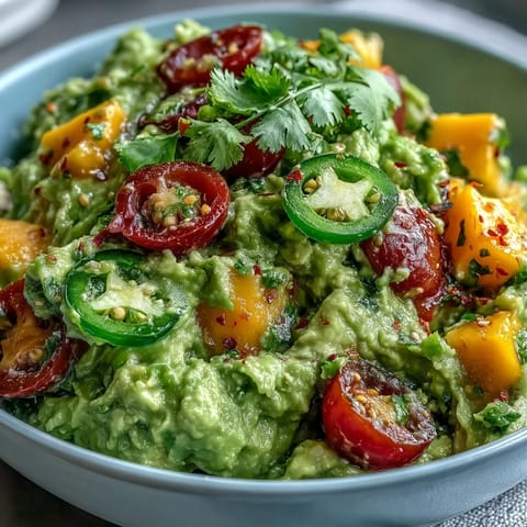 Creamy Cinco de Mayo guacamole with mango and jalapeño, vibrant and festive for any celebration.