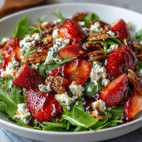 Fresh strawberry arugula salad with creamy goat cheese and balsamic glaze, perfect for a spring dinner party.  