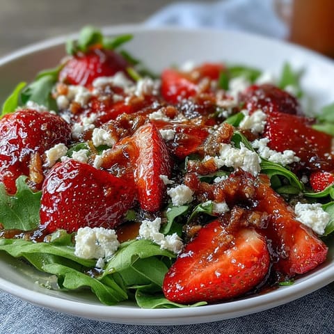 Colorful strawberry and arugula salad with tangy balsamic drizzle, goat cheese, and toasted pecans for texture.  