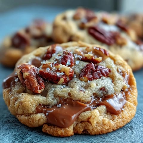 Warm butter pecan cookies with gooey caramel swirl, toasted nuts, and golden edges ready to serve.