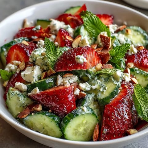 Spring Food Cucumber and Strawberry Salad with Mint - crisp cucumber slices and juicy strawberries tossed with fresh mint for a bright, refreshing salad.