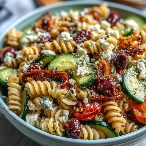 A colorful Greek pasta salad with olives and feta, served in a white bowl with fresh parsley garnish.