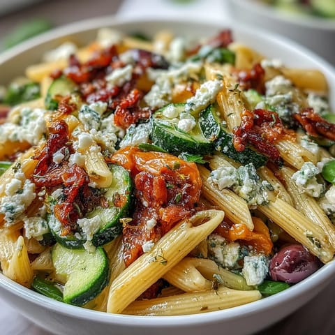 A close-up of Greek pasta salad with olives and feta, showcasing vibrant cherry tomatoes and crisp cucumber.