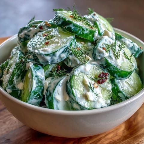 Creamy Cucumber Salad with Dill and Greek Yogurt in a white bowl, garnished with fresh dill sprigs.