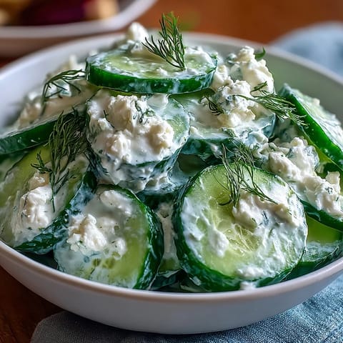 A bowl of Creamy Cucumber Salad with Dill and Greek Yogurt, featuring crisp cucumbers and tangy dressing.