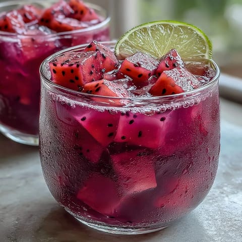A vibrant homemade Mango Dragonfruit Refresher with fresh fruit chunks and crushed ice.