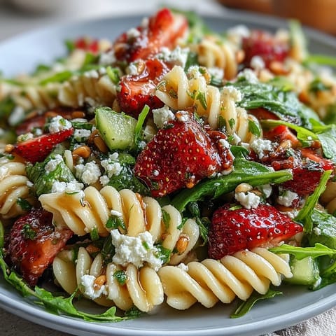 Fresh Spring Pasta Salad with Strawberries, Feta, and Arugula, a colorful vegetarian dish bursting with sweet berries and tangy cheese.