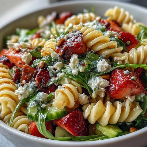 Vibrant Spring Pasta Salad featuring juicy strawberries, crumbled feta, and peppery arugula, tossed in a light balsamic dressing.