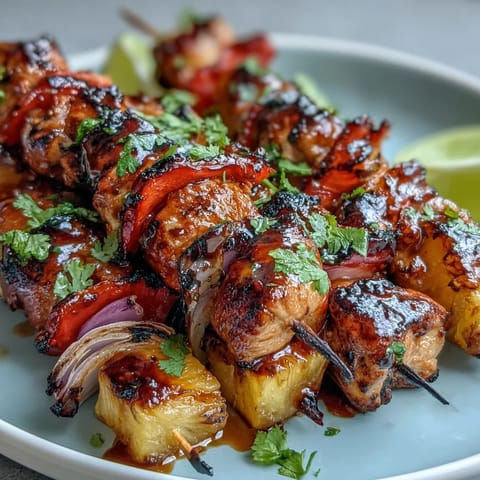 Grilled Pineapple Chicken Skewers with juicy marinated chicken and sweet pineapple chunks sizzling on the grill.