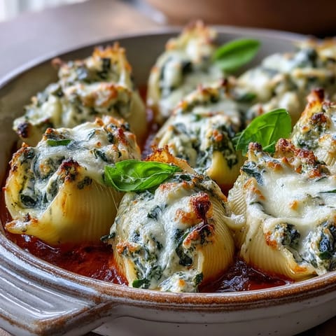 Golden-brown baked Pesto Chicken Stuffed Shells Lite resting in a ceramic dish, topped with fresh basil.