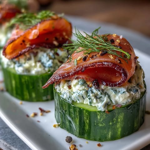 Smoked Salmon Cucumber Bites with creamy herbed cheese and fresh dill, perfect for elegant appetizers.