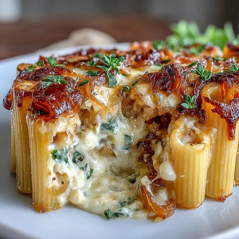 French Onion Pasta Bake with caramelized onions and melted Gruyère cheese, baked to golden perfection in a bubbling casserole.