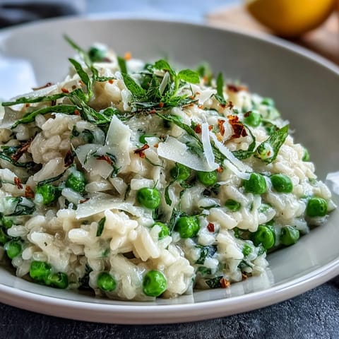 Creamy spring pea risotto with fresh mint, Parmesan, and vibrant green peas in a rustic bowl.  
