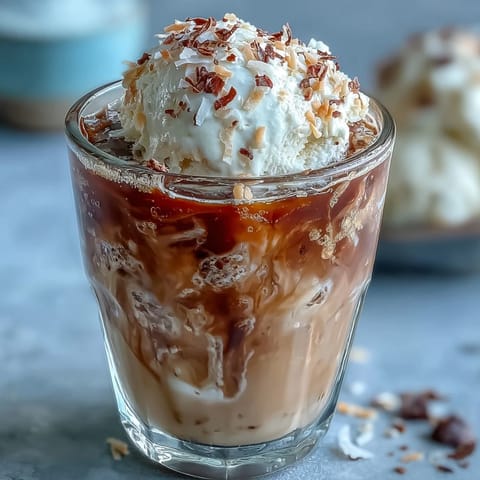 Two glasses filled with coconut cold brew coffee, vanilla ice cream, and a drizzle of chocolate syrup for extra indulgence.