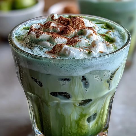 Iced matcha latte with vanilla cold foam, layered in tall glasses and topped with creamy foam for Mother's Day brunch.