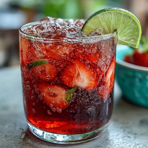 Refreshing strawberry agua fresca with fresh strawberries, lime, and sugar, served over ice with mint garnish.