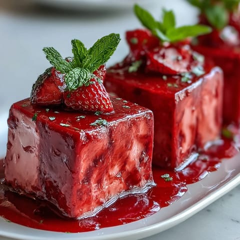 A vibrant mosaic cake with strawberry and rose gelatin cubes floating in creamy vanilla base, perfect for festive occasions.