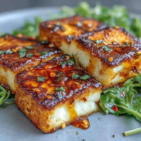 Golden, pan-seared halloumi cheese drizzled with chili-infused honey over fresh arugula.