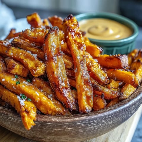 Golden, oven-baked sweet potato fries perfect for sharing, with a tangy aioli.