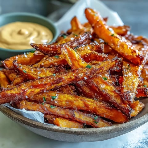 Crispy air fryer sweet potato fries served with a creamy, smoky chipotle aioli dip.