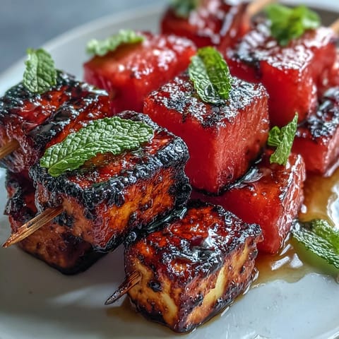 Bright summer skewers of grilled halloumi and watermelon, perfect appetizer with mint.