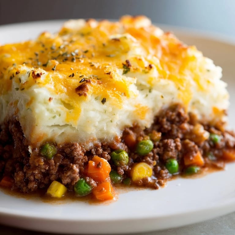 Close-up of creamy cheesy potato topping on a rustic, homemade Shepherds Pie.