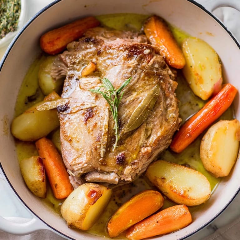 A close-up of a juicy Everyday Family Favorite Pot Roast sizzling with carrots and browned potatoes.