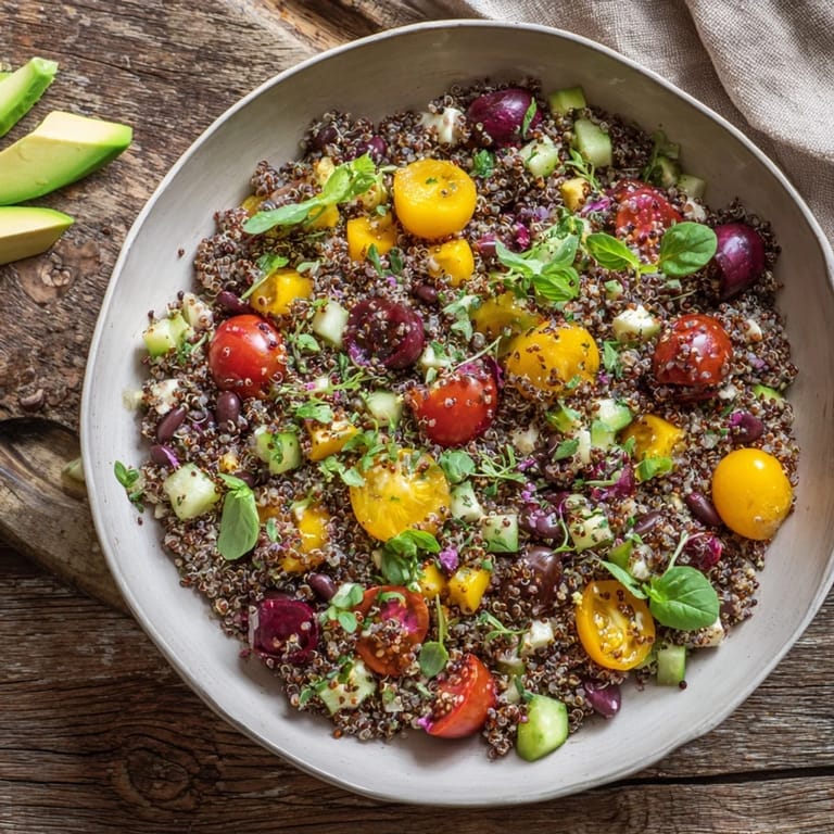 Vivid image of a healthy Poppy-Bright Quinoa and Black Bean Salad, perfect for a light, refreshing meal.