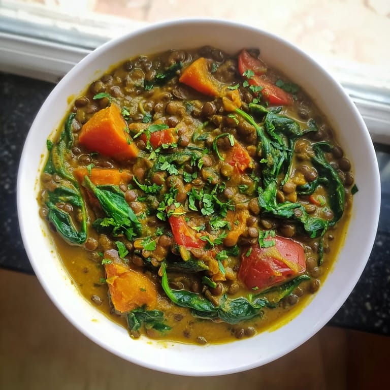 Earthy Lentil and Spinach Curry with tender lentils and spinach, perfect weeknight comfort food.