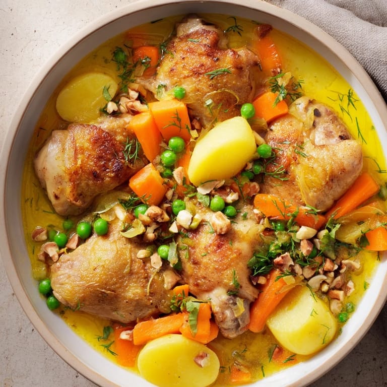 A close-up view of creamy, flavorful Nut-Warm Homestyle Chicken and Dumplings, perfect for a cozy supper.