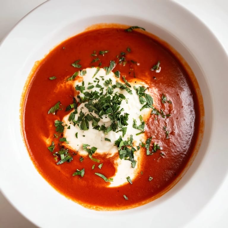 A vibrant bowl of Whisked Weeknight Creamy Tomato and Basil Soup garnished with fresh basil.