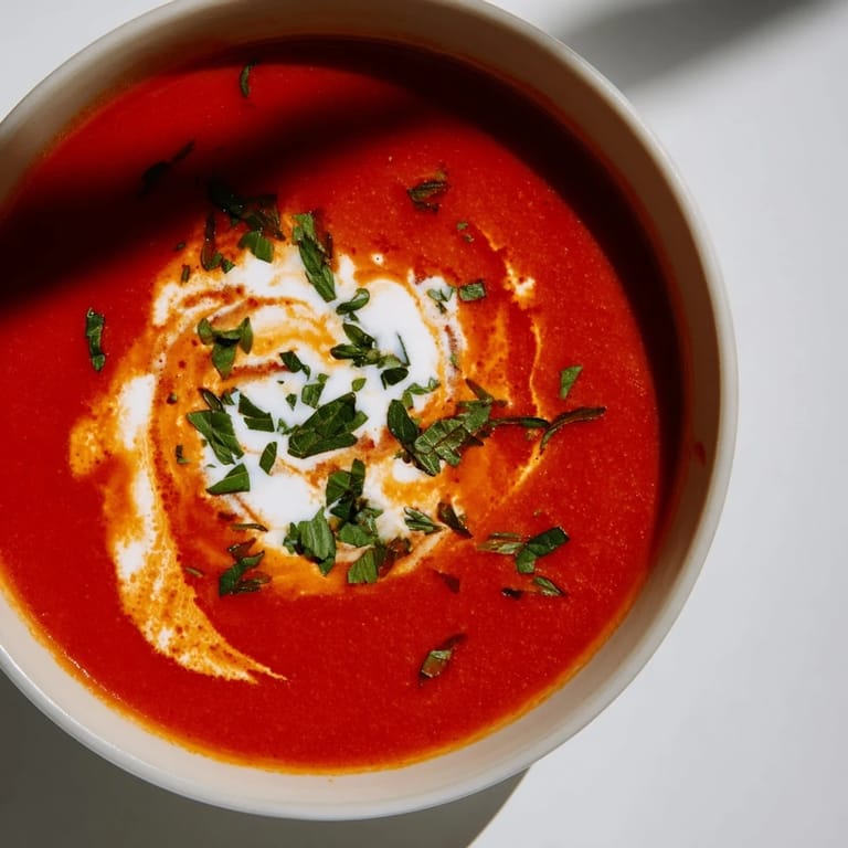 Enjoy the comforting aroma of rich, homemade Whisked Weeknight Creamy Tomato and Basil Soup.