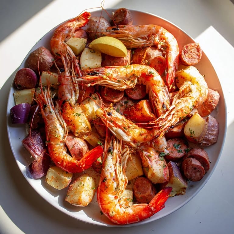 A single-pot Seaside-Inspired Shrimp Boil, perfectly arranged with vibrant corn and potatoes.