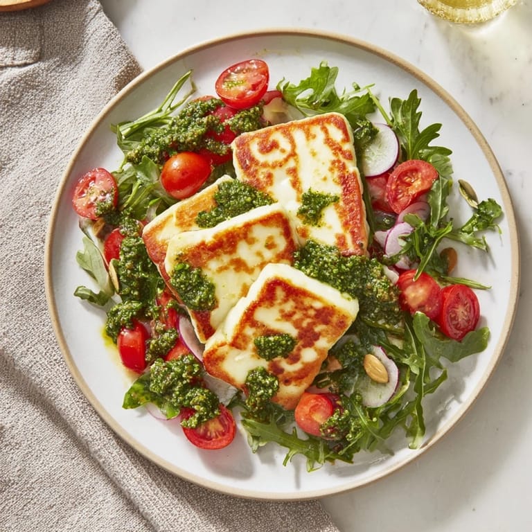 A light and flavorful grilled halloumi plate with pesto, perfect for a fresh, summery vegetarian dinner.