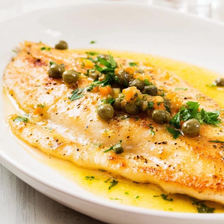 A close-up of delicious Simple Fork-Friendly Lemon-Herb Tilapia, showcasing the tender, flaky fish with capers.