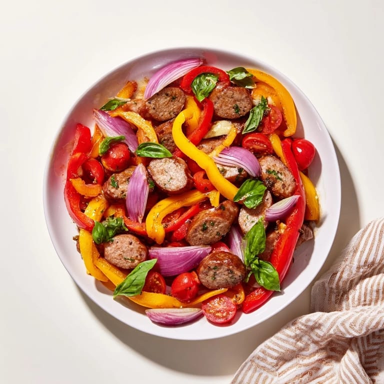 A steaming skillet of Basil-Boosted Sausage and Pepper Skillet Supper, perfect for a flavorful weeknight meal with parmesan.