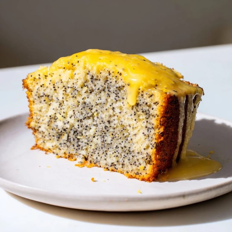 Close-up of a beautifully glazed Glazed Lemon Poppy Seed Cake, showcasing its tender crumb and poppy seeds.